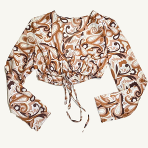 Shein Long Sleeve Crop Satin Top Tie Front Brown & Cream Floral Boho